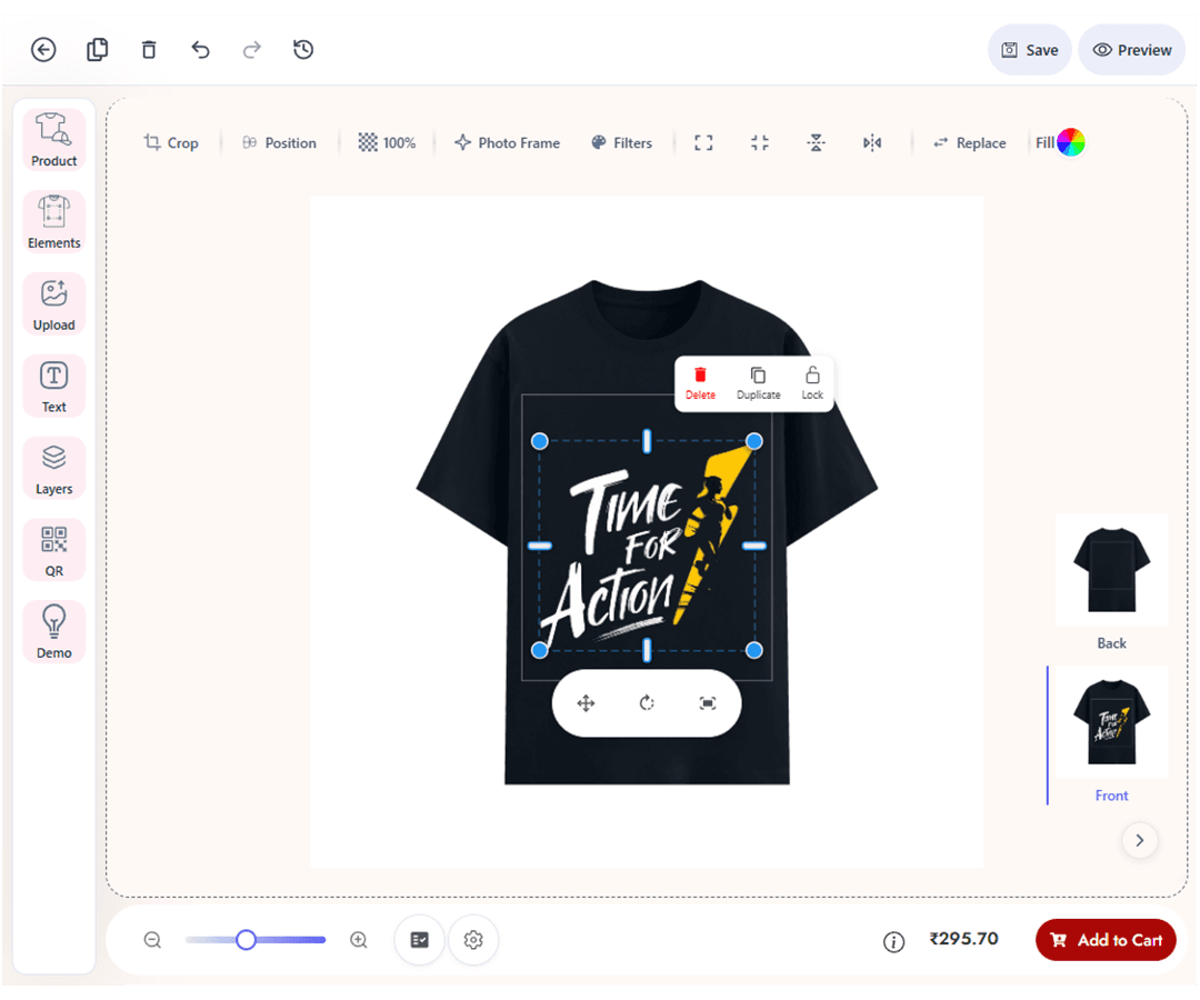 Web-to-print 3D customizer editor preview showing a custom t-shirt and mug design